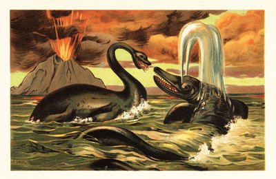 Plesiosaurus e Ichthyosaurus in lotta davanti a un