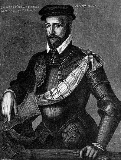 Ritratto di Gaspard de Coligny, Signore di Chatillon, nobile francese, ammiraglio e leader ugonotto nelle guerre di religione francesi, incisione da William M. Timlin