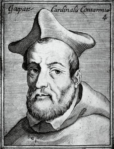 Ritratto di Gasparo Contarini, cardinale e vescovo italiano, incisione da Illustrissimorum, omnique virtutis, et scientiarum laude praestantissimoru virorum icones da William M. Timlin