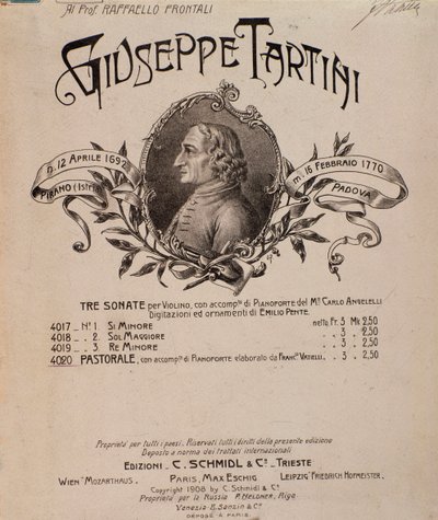 Ritratto di Giuseppe Tartini. Frontespizio dello spartito delle Sonate da Unbekannter Künstler