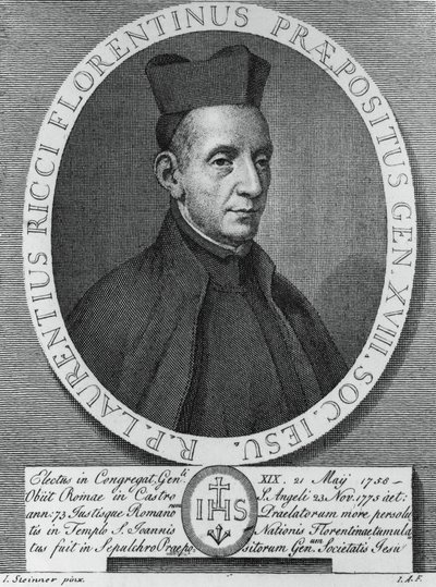 Ritratto di Lorenzo Ricci, gesuita italiano e 18º Superiore Generale della Compagnia di Gesù, incisione da William M. Timlin