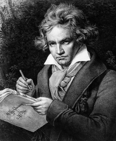 Ritratto di Ludwig van Beethoven (1770-1827), musicista tedesco, che compone la Missa solemnis, basato sul dipinto di Karl Joseph Stieler (1781-1858) da Unbekannter Künstler