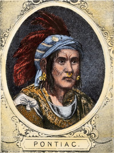 Ritratto di Pontiac (o Obwandiyag, ca. 1714-1769), capo della tribù indiana degli Outaouais di Detroit (Nazione Ottawa). Incisione colorata del XIX secolo da Unbekannter Künstler