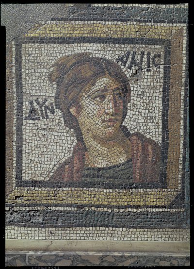 Ritratto di una donna, dettaglio di un pavimento a mosaico che raffigura le stagioni e scene di caccia, dalla Villa Costantiniana a Daphne, romana, c.325-330 d.C. da Unbekannt