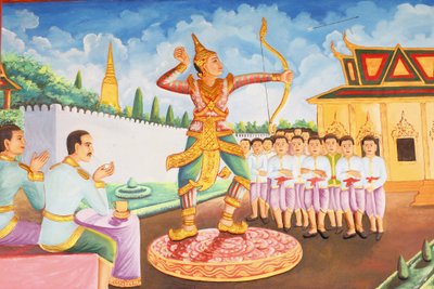 Monastero Preah Prom Rath, vita del Buddha, il principe Siddhartha Gautama diventa campione di scherma, lotta e tiro con l