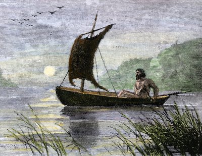 Navigazione preistorica, canoa a remi con vela in pelle di animale da Unbekannter Künstler