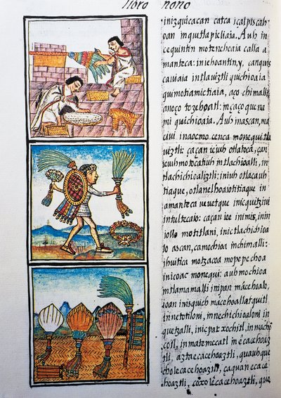 Lavorazione delle piume, testo in nahuatl, da facsimile del manoscritto Storia generale delle cose della Nuova Spagna, noto anche come Codice Fiorentino, di Bernardino de Sahagun da William M. Timlin