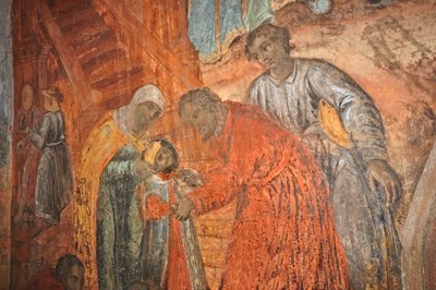 RUSSIA, Uglich, Chiesa Ortodossa Russa di San Dimitrius sul Sangue (1630), affresco che raffigura la morte di Demetrio (figlio di Ivan il Terribile) da Unbekannt