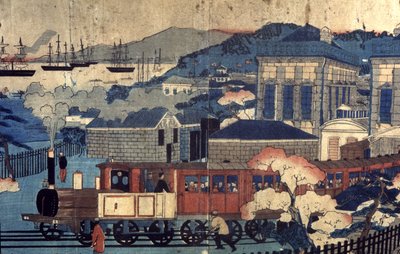 Ferrovia in un porto giapponese, fine XIX secolo (incisione) da Unbekannter Künstler
