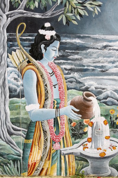 Rama che versa latte sul lingam di Shiva. Pashupatinah, Kathmandu, Nepal da Unbekannt