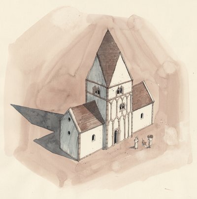 Disegno di ricostruzione della Chiesa di San Pietro durante il periodo anglosassone, Galles, Liam (XX secolo) da Unbekannter Künstler