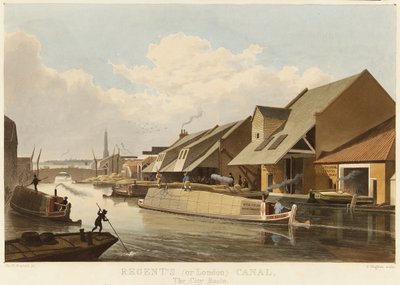 Regent Canal (o London Canal) (Inghilterra) e il bacino della città di Islington, il centro di traffico più importante del canale, descritto con magazzini e banchine di carico per le merci da Unbekannter Künstler