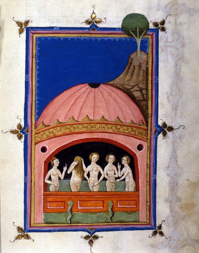 Rappresentazione dei bagni. Pagina dal manoscritto De Balneis Puteolanis (I bagni di Pozzuoli) di Pietro da Eboli (Ebulo) (attivo intorno al 1196-1220) 1475-1500 da Unbekannter Künstler