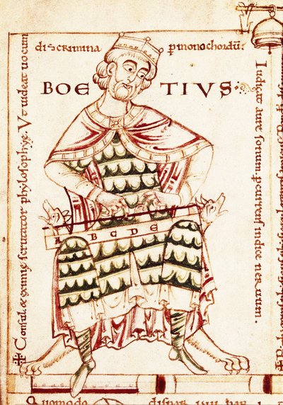 Rappresentazione del filosofo latino Boezio (Anicius Manlius Severinus Boetius o Boezio) (480-524) con uno strumento musicale (studio musicale). Miniatura da un manoscritto di Canterbury. da Unbekannt