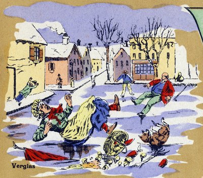 Abitanti di un villaggio che scivolano sul ghiaccio in inverno. Alfabeto illustrato. Immagini riunite a Jarville-Nancy, inizio del XX secolo. da Unbekannt