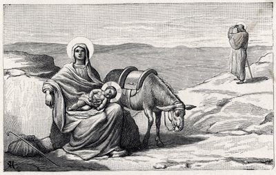 Riposo durante la fuga in Egitto. Alfabeto del bambino Gesù. Edizione del 1932. Xilografie firmate H G. Collezione privata da Unbekannt