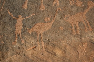 Arte rupestre, Preistoria: Incisione di un personaggio e struzzi nel massiccio di Uweinat, Sudan da Unbekannt