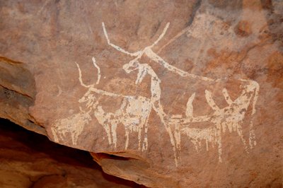 Arte rupestre, Preistoria: Pittura rupestre di bovini con grandi corna in un rifugio adornato nel massiccio di Uweinat, Sudan (Karkur-Talh o Karkur Talh). Periodo da 8000 a 3000 anni a.C. Fotografia da Unbekannt