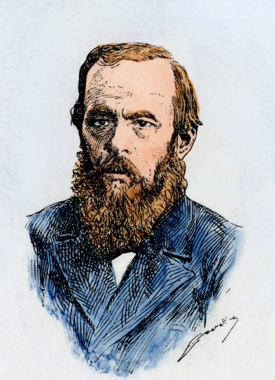 Romanziere russo Fëdor Dostoevskij (1821-1881). Xilografia colorata a mano di un