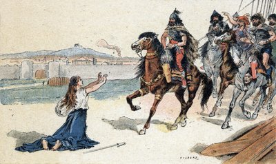 Santa Genoveffa (422-502) davanti al re degli Unni Attila - Invasioni barbariche - Illustrazione di Camille Gilbert del 1890 (incisione) da Unbekannt