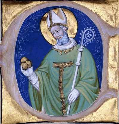 San Nicola di Myra, iniziale istoriata "C", da un libro corale illuminato su pergamena da Unbekannt