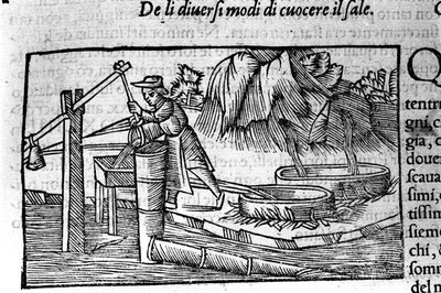Produzione di sale: cottura. Incisione di Olaus Magnus (1490-1557), religioso e geografo svedese, "Historia de Gentis Septentrionalibus", Venezia da Unbekannt