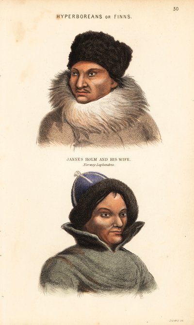 Popolo Sami o Lapponi. Jannes Holm con cappello e colletto di pelliccia, e sua moglie con cappello bordato di pelliccia, Lapponi della Norvegia da Unbekannter Künstler