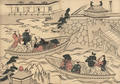 Samurai che attraversano il fiume in barca verso i quartieri del piacere di Yoshiwara (stampa giapponese) da Unbekannter Künstler