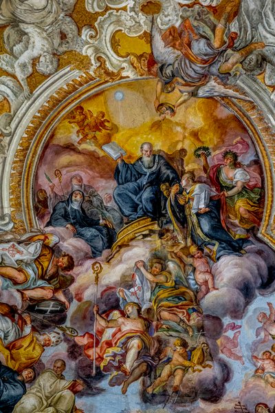 Chiesa di San Benedetto, Catania, Sicilia (Italia). Dettaglio del soffitto affrescato (XVIII secolo). San Benedetto. da Unbekannt