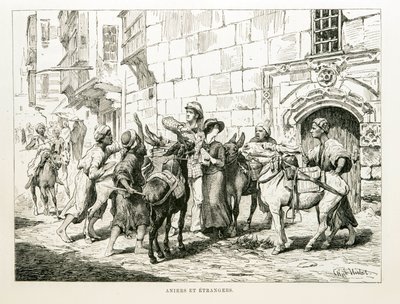 Disegno satirico che raffigura turisti occidentali circondati da asini e dai loro conducenti - Illustrazione dall