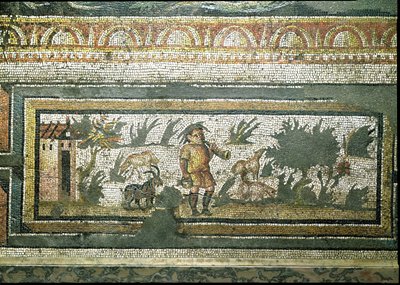 Scena di un capraio con le sue capre, dettaglio del bordo di un pavimento a mosaico che raffigura le stagioni e scene di caccia, dalla Villa Costantiniana a Daphne, romana, c.325-330 d.C. da Unbekannt