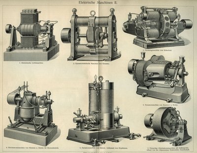 Tavola di scienza e tecnologia che rappresenta macchine elettriche tedesche. Illustrazione tratta da "Meyers Grosses Konversations - Lexikon" 1904. Bibliographers Institut, Leipzig und Wien da Unbekannt