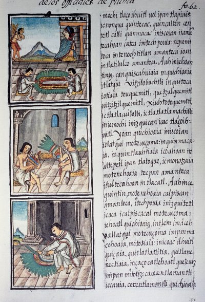 Set di ornamenti e copricapo di piume degli imperatori, pagina dal Codice Fiorentino, versione bilingue in spagnolo e nahuatl, Storia generale delle cose della Nuova Spagna, del missionario spagnolo Fray Bernardino de Sahagun. Civiltà azteca da William M. Timlin