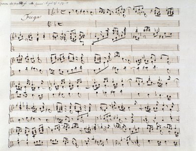 Pagina di spartito musicale per la Fuga di Handel da un manoscritto contenente due opere, di Domenico Scarlatti e di Friedrich Handel da Unbekannter Künstler
