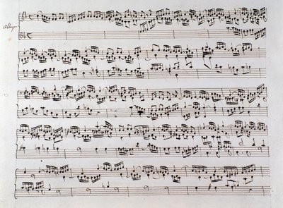 Pagina di spartito musicale per la Fuga di Handel da un manoscritto contenente due opere di Domenico Scarlatti e Friedrich Handel da Unbekannter Künstler