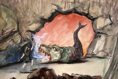 Sigfrido uccide il drago Fafner, fine XIX secolo da Unbekannter Künstler