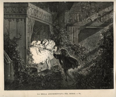 La bella addormentata: il principe scopre la principessa addormentata da cento anni. Incisione di Gustave Dore (1832-1883) da 