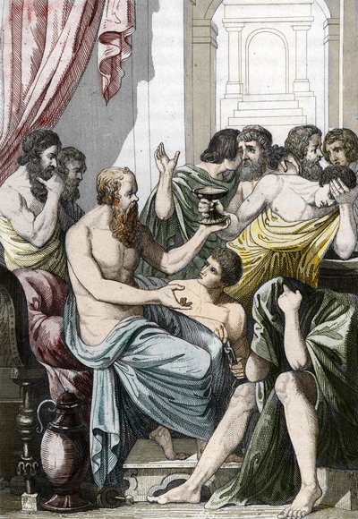 Socrate condannato a bere cicuta (399 a.C.), fine XIX secolo (Incisione) da Unbekannter Künstler