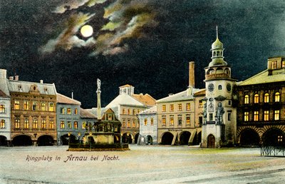 Piazza a Hostinné (Tedesco: Arnau) di notte da Unbekannter Künstler