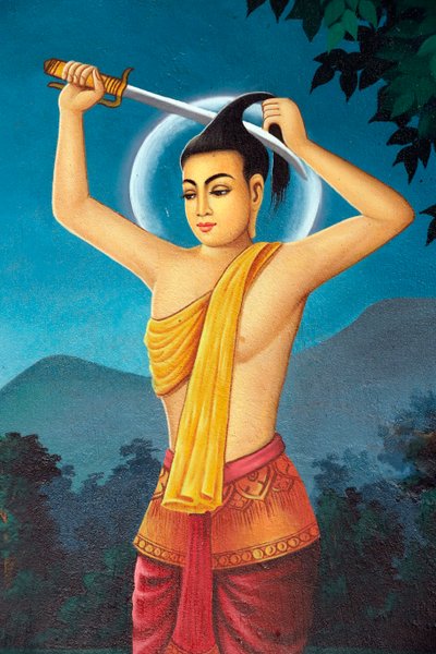 Monastero buddista di Srahchork. Dipinto che raffigura la storia della vita di Shakyamuni Buddha. Il principe Siddhartha si taglia i capelli per rinunciare alla vita mondana sulla riva del fiume Anoma. Phnom Penh. Cambogia. (foto) da Unbekannt