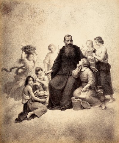 San Benedetto in trono è circondato da giovani con fasci di grano e cesti di frutta. Illustrazione del Canto XXXII del Paradiso della Divina Commedia di Dante Alighieri. Opera di Francesco Scaramuzza dedicata al Comune di Firenze da Unbekannter Künstler