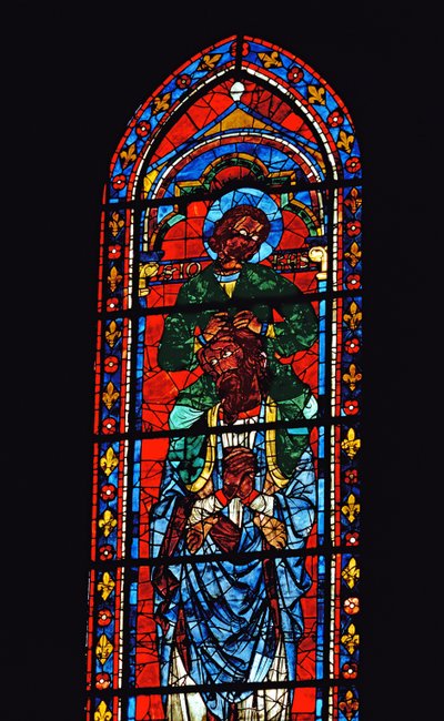 San Giovanni Evangelista che cavalca le spalle di Ezechiele, finestra a lancetta nel transetto sud, c.1217-25 (vetro colorato) da Unbekannt