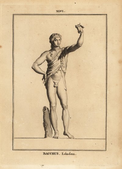 Statua di Bacco Lenaios, il dio romano del vino, nudo tranne che per una pelle di leone, che preme un grappolo d