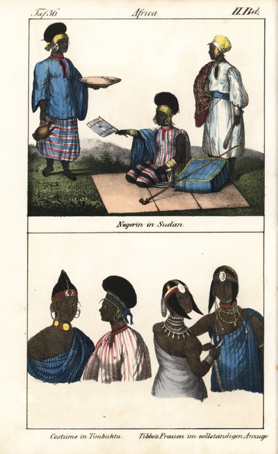 Donne sudanesi in abito a righe. Sotto, demme di Timbuktu (Mali) e donne Tibbo del Sahara. Litografia per il libro: “Galerie complete en tableaux fideles des peuples d