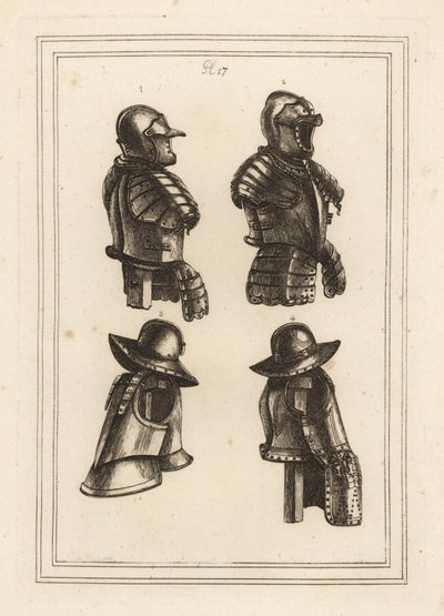 Armatura con appoggio per lancia, elmo aperto 1, armatura da archibugiere 3, e armatura da archibugiere con cosciali lunghi 4 da Unbekannt