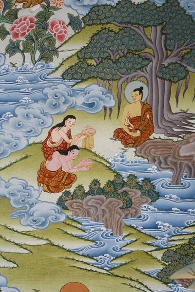 Sujata che offre riso al latte al Buddha. Thangka, Bhaktapur, Nepal da Unbekannt