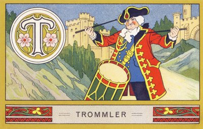 T: Trommler - Alphabet Palmin. Serie di cromolitografie edite da H. Schlinck & Cie, Amburgo, s.d. Pubblicità per Palmin feinstes Cocosfett. Dimensioni: 7 x 11 cm da William M. Timlin