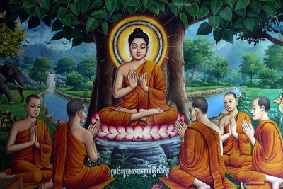 Affresco del tempio che raffigura Buddha con discepoli. Cambogia da Unbekannt