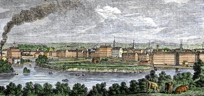 Mulini tessili lungo i fiumi Merrimack e Concord, Lowell, Massachusetts, USA negli anni 1830. Incisione colorata del XIX secolo da Unbekannter Künstler
