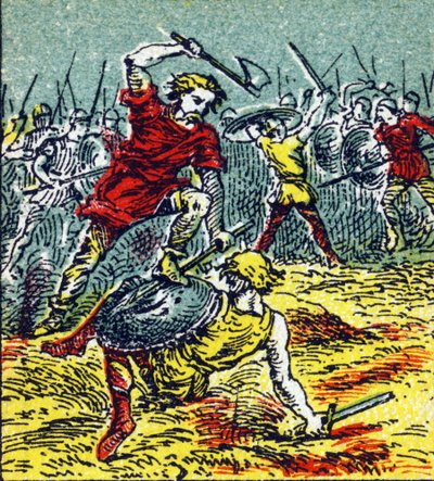La battaglia di Vouillé in cui Clodoveo I sconfisse i Visigoti nel 507. Incisione in "Histoire de France". Serie di immagini pubblicitarie pubblicate per conto di Louit, 24 rue d
